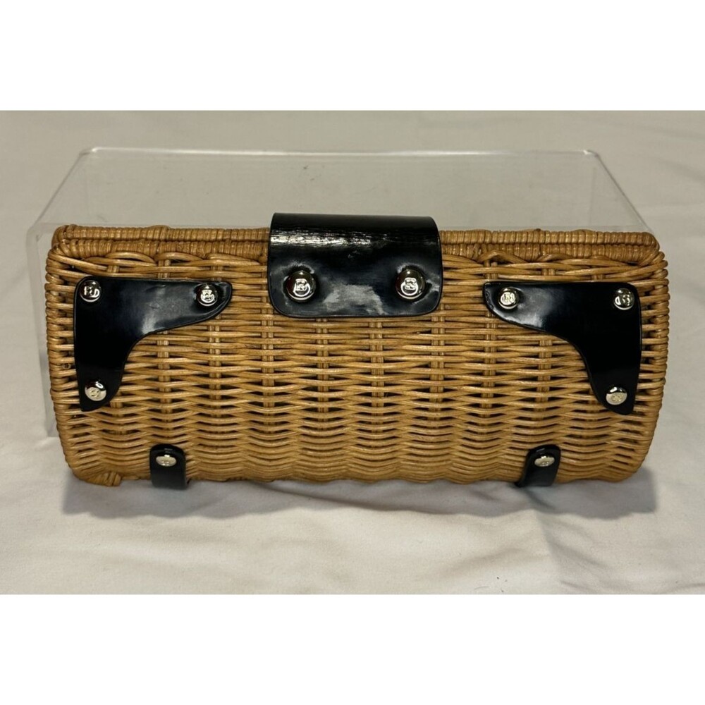 Kate Spade Wicker Rattan Clutch Black Patent Trim - Picture 2 of 7